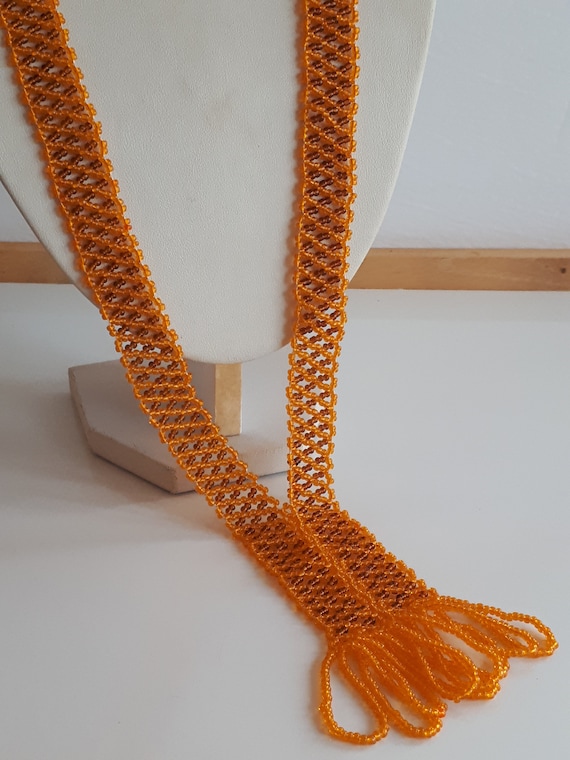 Vintage SOUTHWEST beadwork glass seeds necklace with fringes orange caramel
