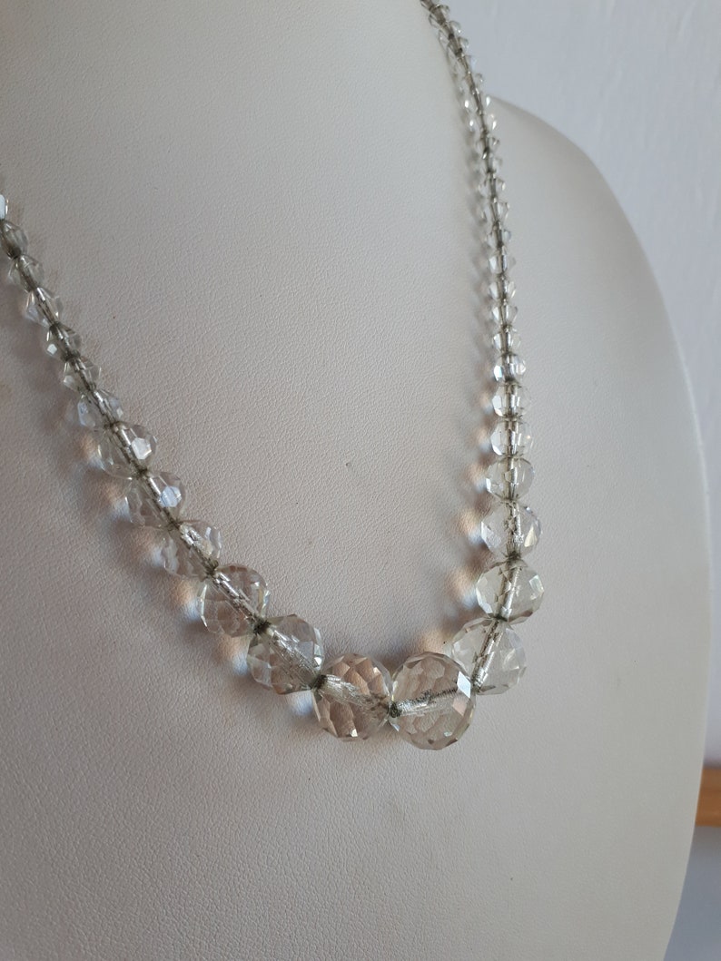 ART DECO finely hand faceted rock crystal beaded graduated necklace strung on silver chain