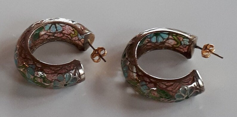 RARE big Vintage Chinese export gold plated sterling silver plique a jour hoop pierced Earrings