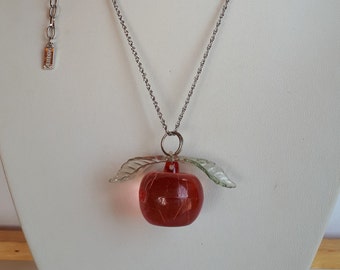 SPOUTNIK signed transparent peach pink apple fruit and leaves resin plastic pendant metal chain necklace, forbidden fruit necklace,