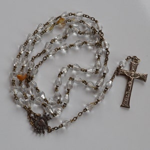Antique carved rock crystal 5 decades Immaculate Heart of Mary and Sacred Heart of Jesus Catholic Rosary chaplet beads very brilliant