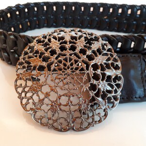 Vintage Statement BOHO couture braided black leather gun metal filigree buckle dangle charms women's belt image 3