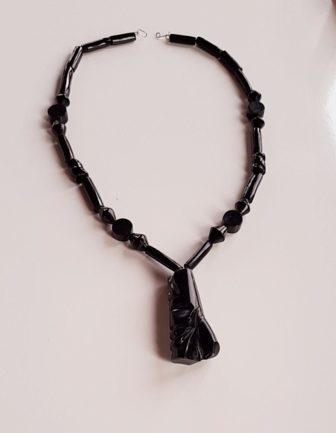 Unisex Chunky Vintage 70s Carved Black Coral Beaded Necklace With