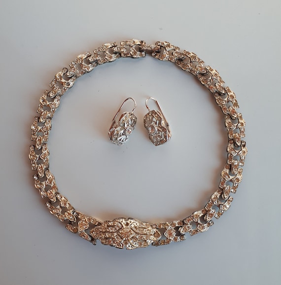 ART DECO Vintage silver metal clear rhinestones je