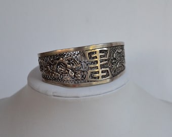 Vintage old Chinese silver filigree Cuff Bracelet with dragons and symbol