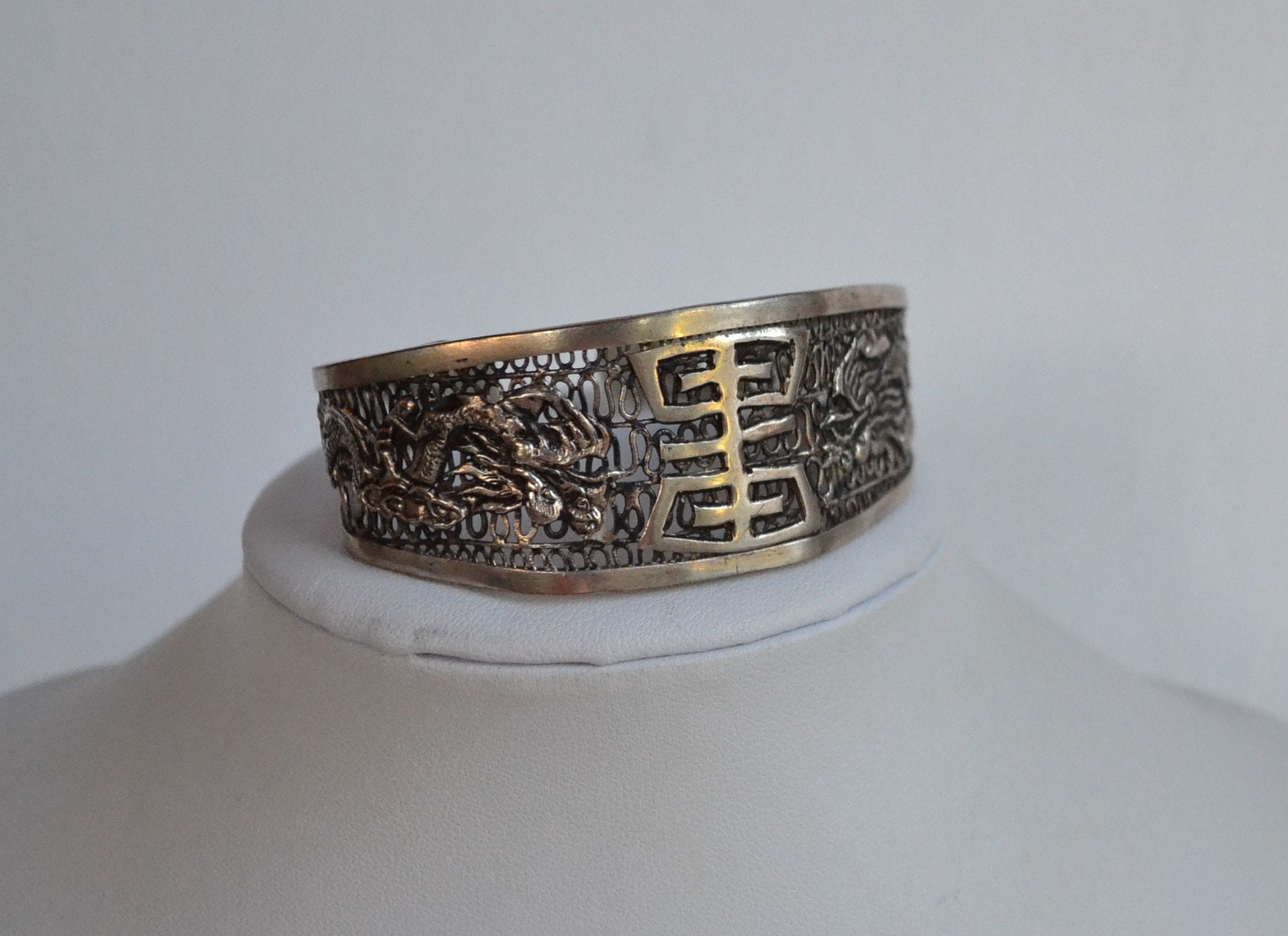 Bracelet Manchette Vintage Argenté Dragon Art Déco Indochine - Occasion - Unique
