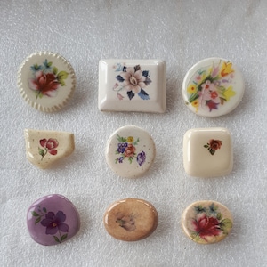 pick an item Vintage some signed ceramic porcelain brooch pin floral print theme romantic
