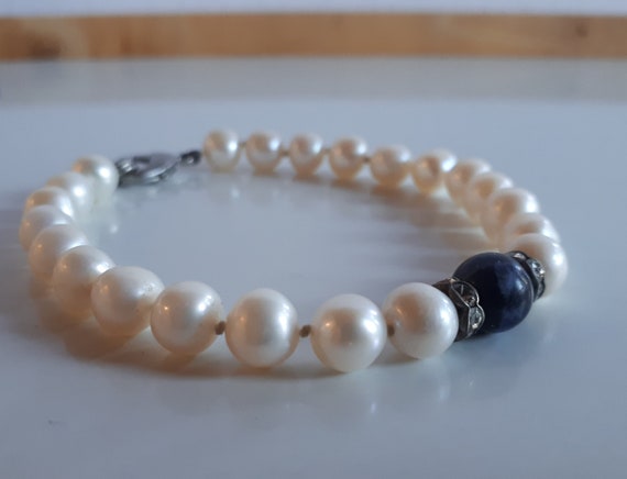 Genuine white freshwater pearl beaded hand knotte… - image 2