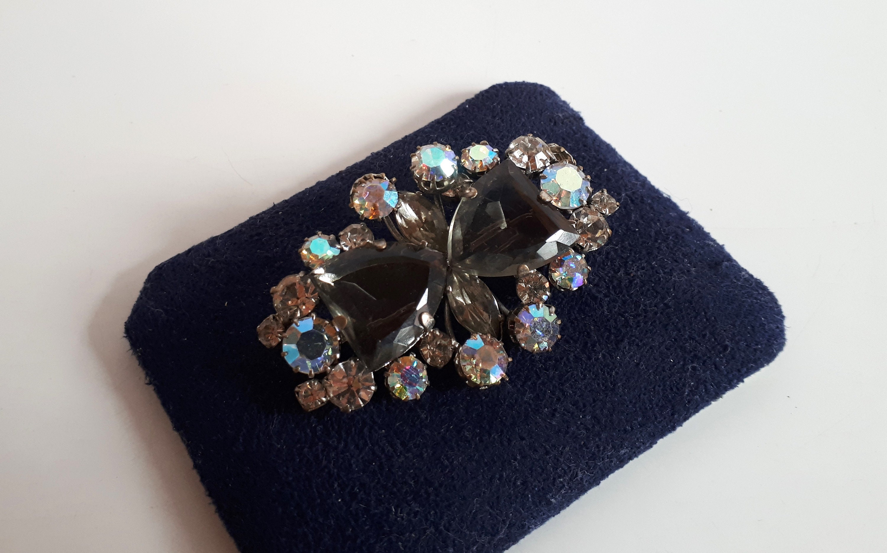 Broche Vintage Florale Strass Et Quartz Fumé - Occasion Bon état - Bijou Ancien élégant