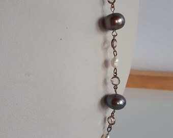 Vintage Tahitian gray silver pearl rice pearl bezel set crystal necklace