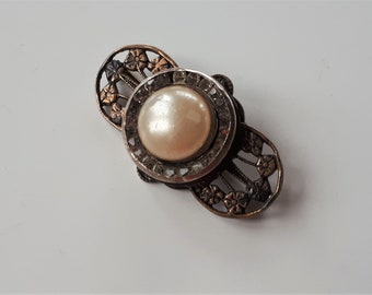 Antique Victorian silver plate brass paste faux pearl cabochon sash pin brooch