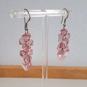 Sweet sterling silver 925 pink crystal cha cha dangle earrings heart charm