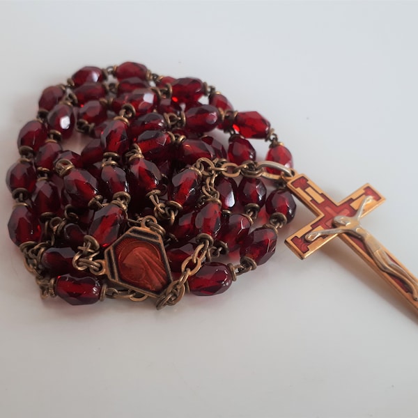 Vintage gold plate and red garnet crystal Catholic Rosary chaplet beads enamel stylized cross