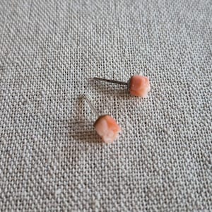 Pode incluir: Um par de brincos pequenos, de cor pêssego claro. Cada brinco apresenta um design arredondado e texturizado, possivelmente semelhante a uma flor. Os brincos são fixados em pinos de prata, repousando sobre uma superfície de tecido texturizado de tom neutro.