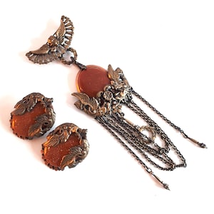 RUNWAY 7 inches Vintage Clara Kasavina New York signed jewelry set Egyptian revival sunstone brass dangle brooch pin and clip earrings