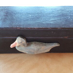 Huge old vintage folk primitive art brown painted wood box with duck