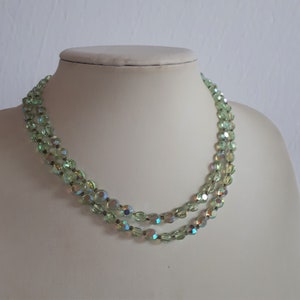 Vintage AB green peridot crystal 2 rows beaded necklace Hollywood glamour RARE COLOR, bridal wedding jewelry,