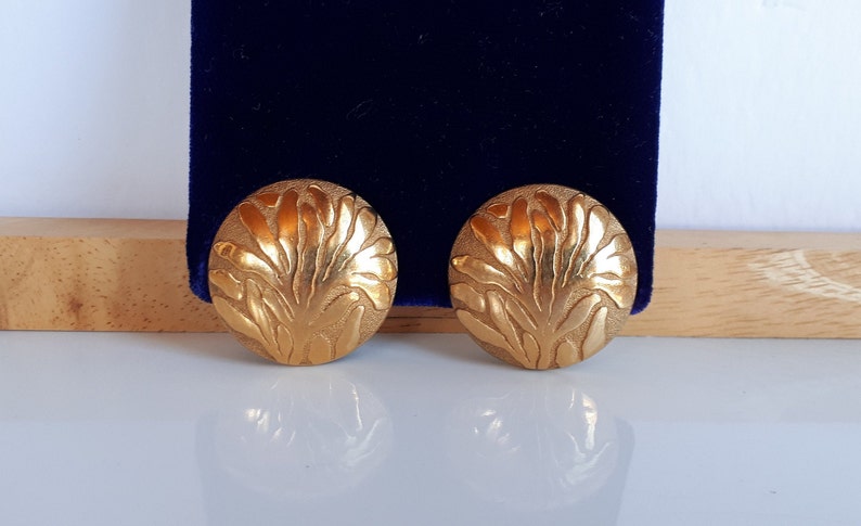 Large Vintage LANVIN Germany Designer Couture gold plate domed button clip earrings abstract tree high relief design image 1
