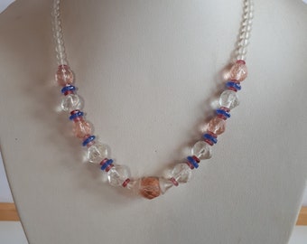 ART DECO Czech clear pink blue crystal glass beaded choker necklace vintage