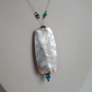Signed big iridescent MOP mother of pearl sterling silver 925 turquoise pendant necklace with silver wire cord
