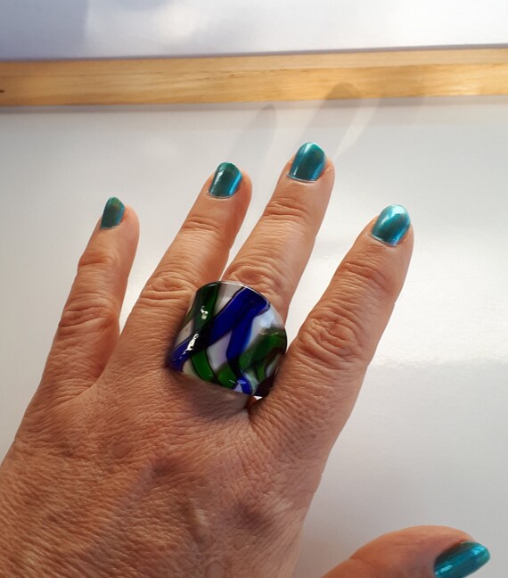 Glass ring, Cobalt blue green white clear lampwor… - image 2