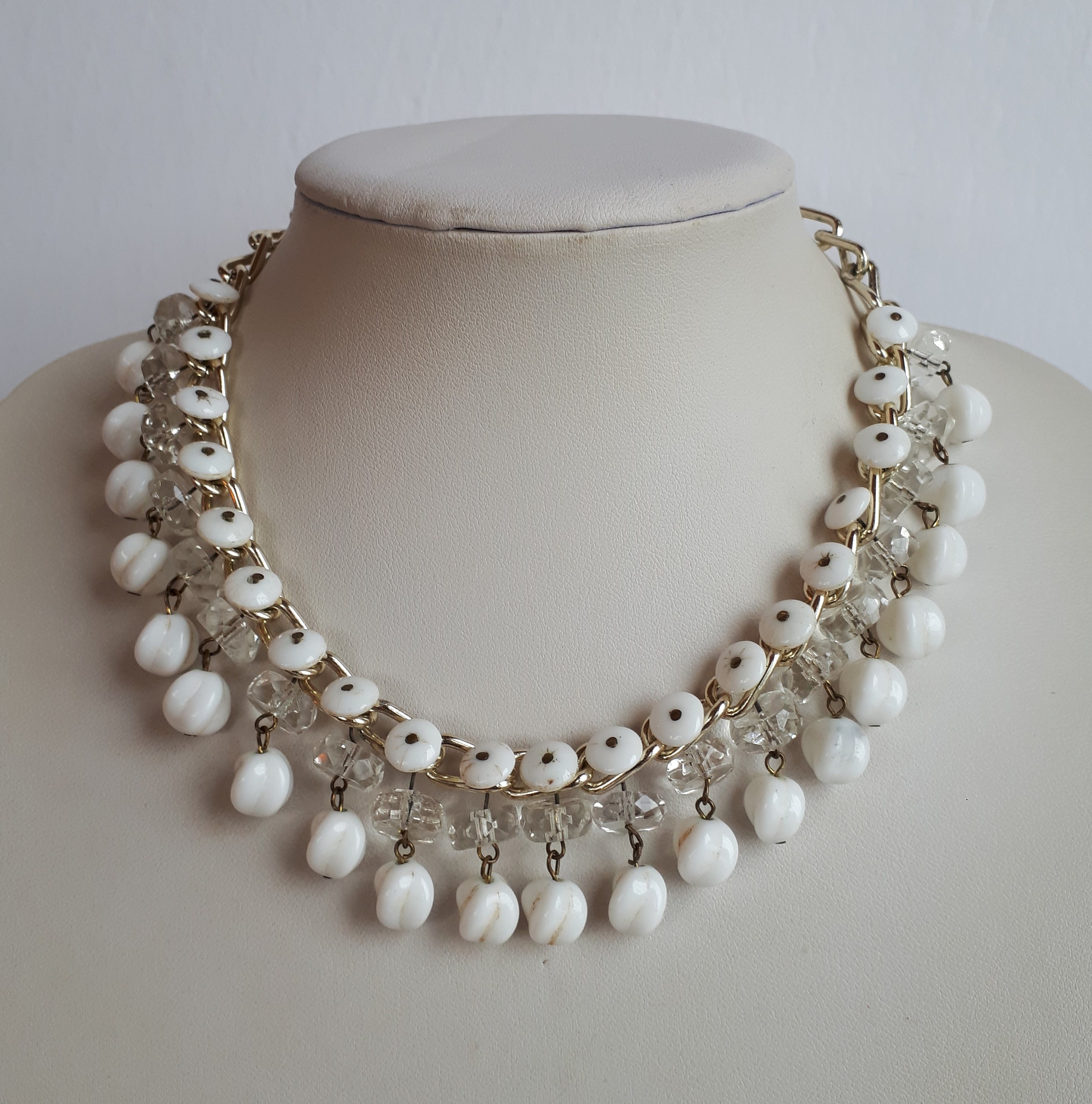 Collier Ras Du Cou Vintage Louis Rousselet - Pâte De Verre Verte Années 1950 - 50 Cm