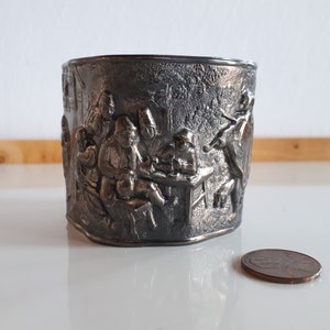 Statement Vintage DENMARK signed story teller sterling silver cuff bracelet outdoor scene with peasants and musician