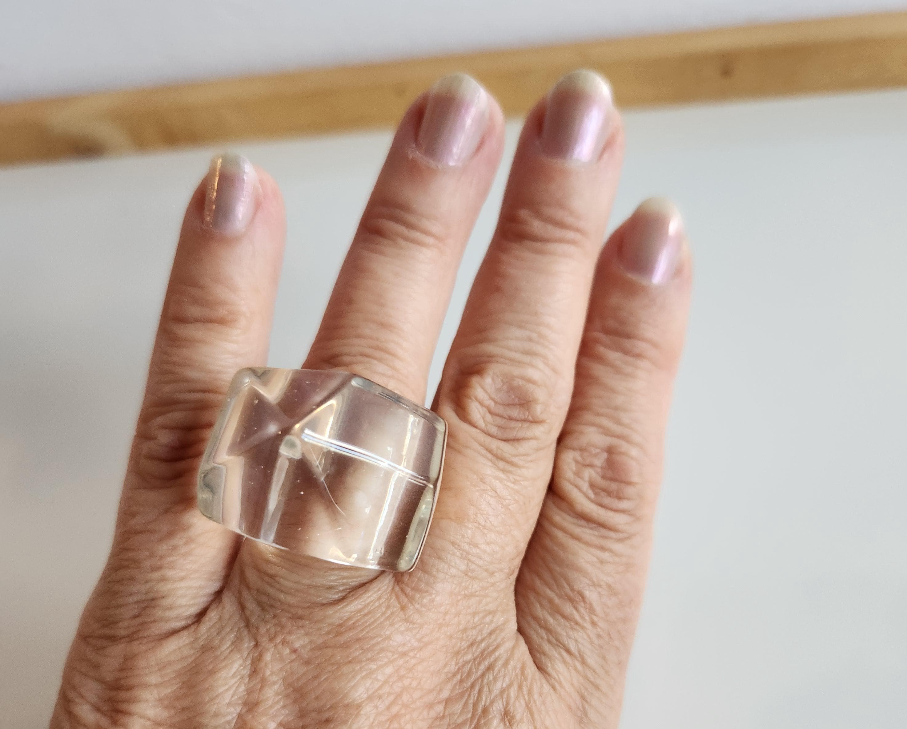 Retro RUNWAY Massive Clear Transparent Lucite Plastic Ring With