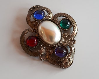 Large vintage designer MALTESE CROSS Byzantine faux pearl gripoix glass antiqued brass pin brooch red blue green purple