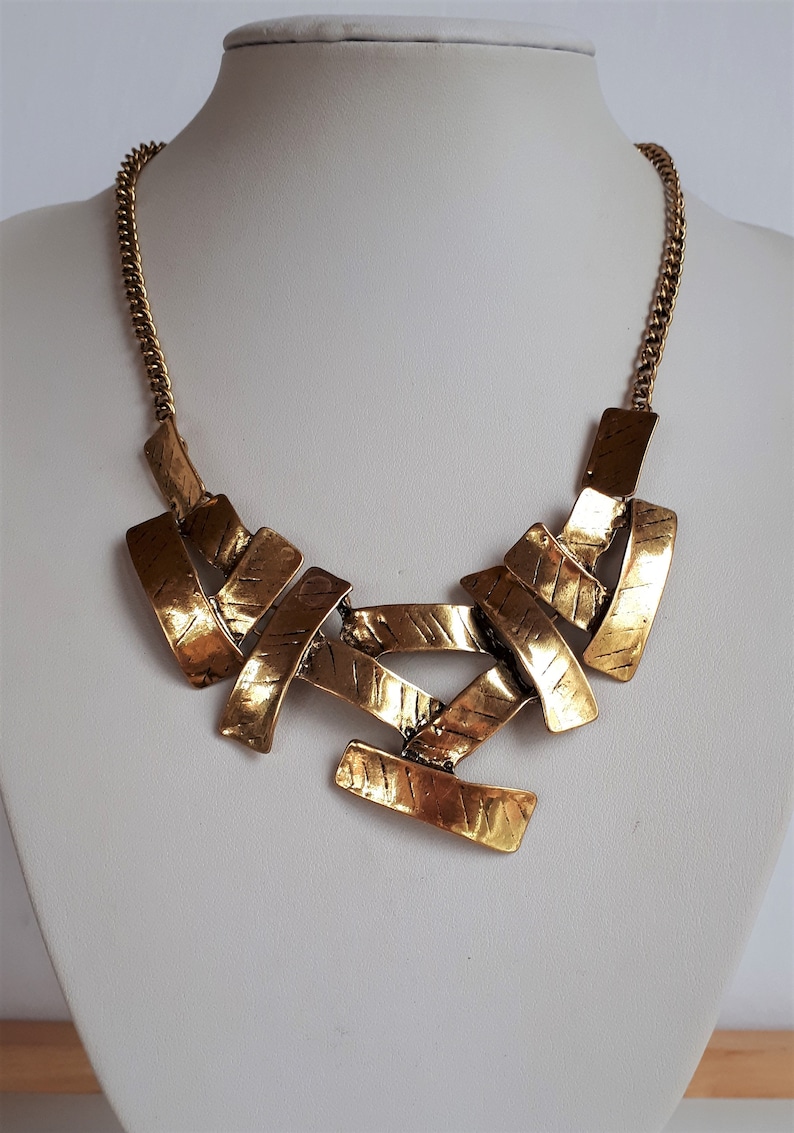 Designer modernist gold metal bib necklace Big Vintage textured gold tone metal sculptural bib necklace sculptural necklace,
