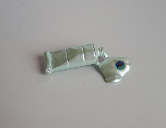 Vintage figural Artist oil paint tube blue enamel pin brooch encrusted rhinestone,  oil paint tube enamel brooch, gift for painter,