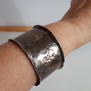 unique Vintage modernist hammered silver cuff bangle bracelet storyteller fish woman man open work primitive design