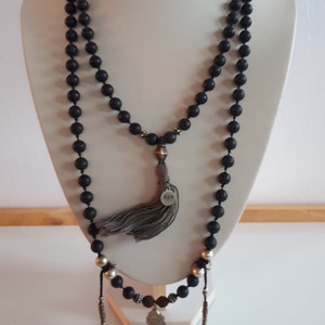 Long black stone beaded necklace with Ganesha elephant headed God sterling charm and 2 fringes 1 tassel Hindu mala prayer beads style