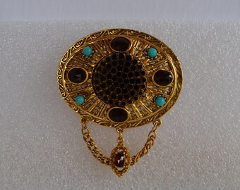 Vintage lyxdesigner etruskisk revival pave granat kristall turkos glas guldpläterad dingelbrosch