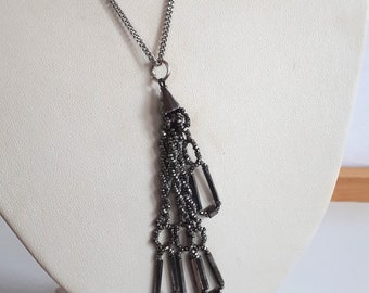 ANTIQUE cut steel pendant necklace with tassel with beaded fringes