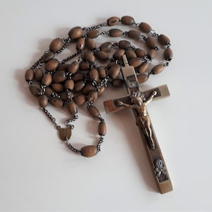 Antique wood 5 decades Monk habit Nun Catholic Rosary chaplet beads with huge 5 nails crucifix with smiling skull