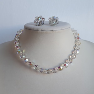 late ART DECO jewelry set aurora borealis crystal necklace and cluster flower clip earrings vintage, classic, bridal wedding jewelry,