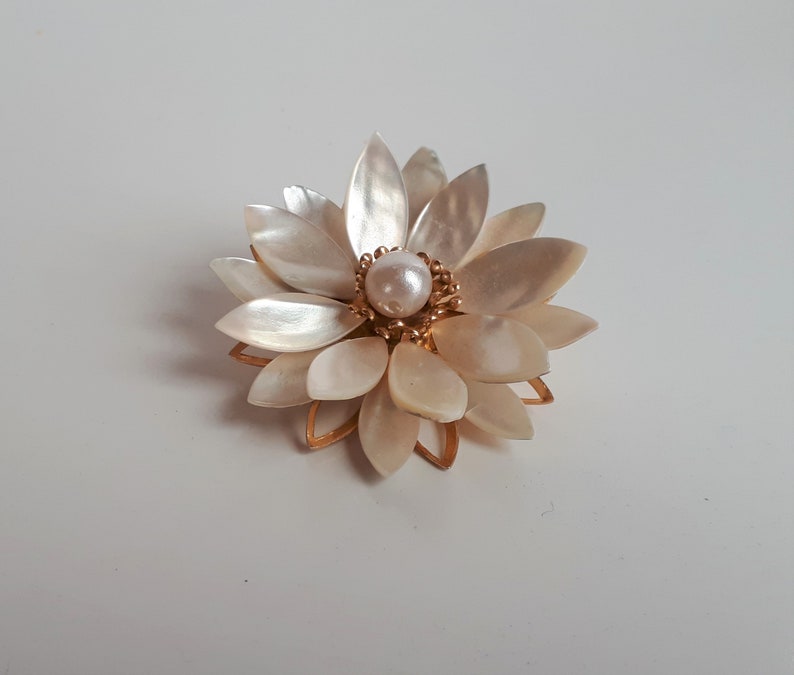 Big Vintage mother of pearl shell MOP layered flower Brooch Pin gold accent dimensional hand carved