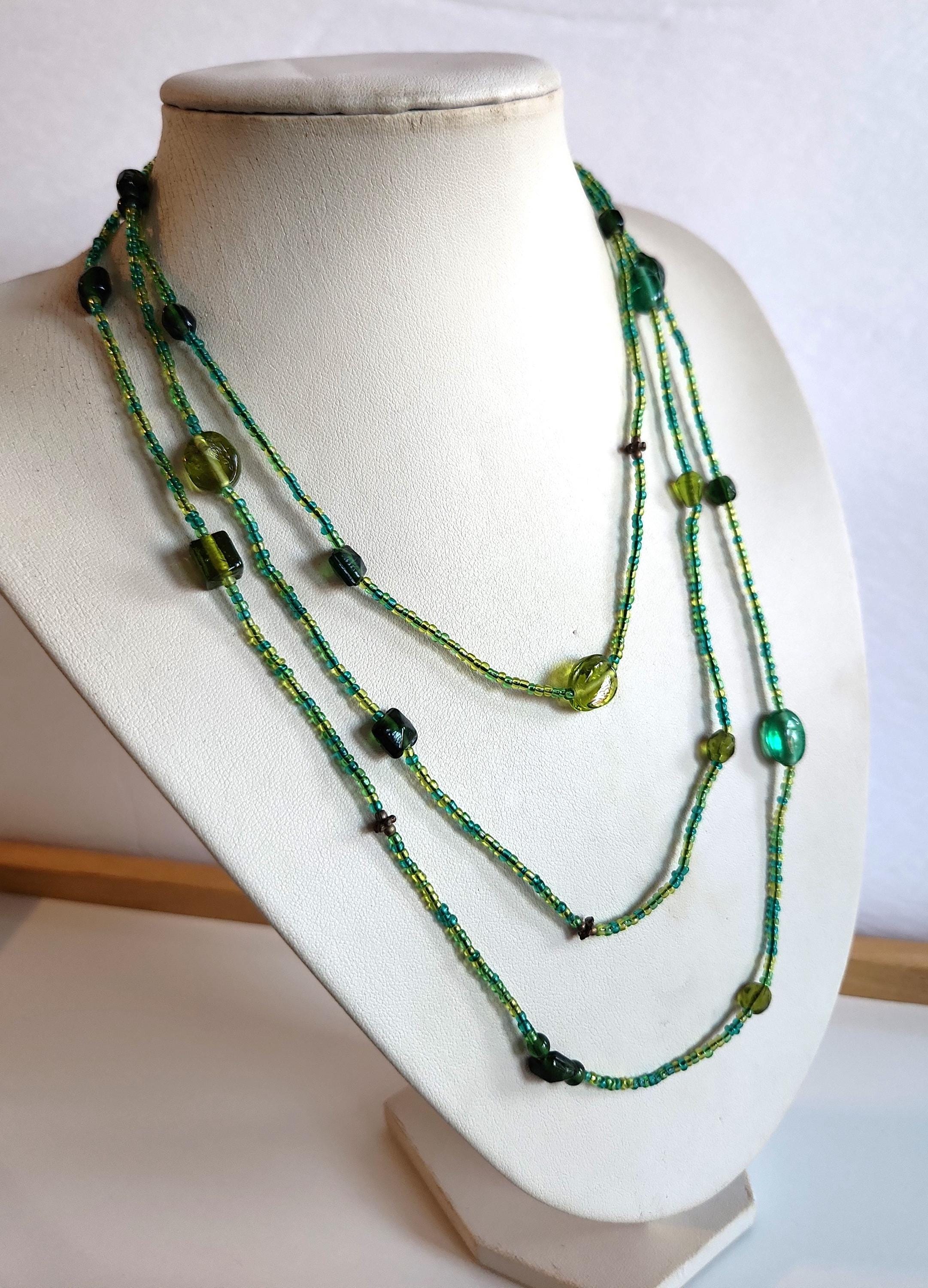 long delicate Vintage BOHO green art glass beaded station necklace