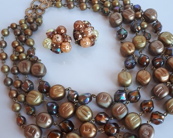 STATEMENT Vintage 50's gold and heliotrope carnival glass faux pearl jewelry set 4 rows necklace and cluster earrings, vintage jewelry set,