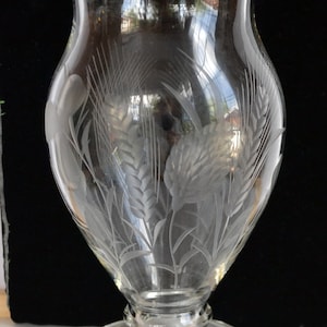 Antique Victorian hand cut engraved clear glass crystal amphora vase with wheat trefoil clover flower carving
