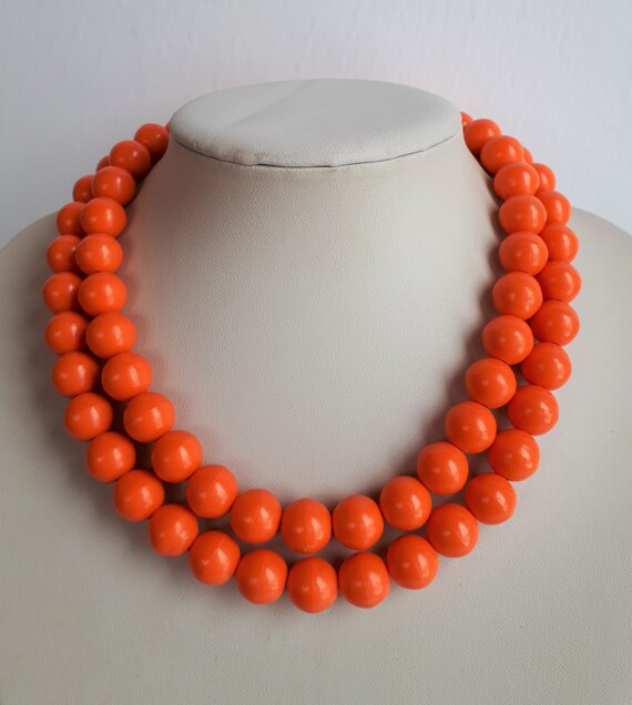 Long Vintage Vivid Orange Plastic Resin Beaded Necklace Big Beads