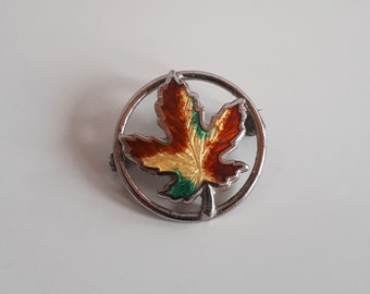 Vintage signed sterling silver and guilloche enamel autumn maple leaf brooch pin