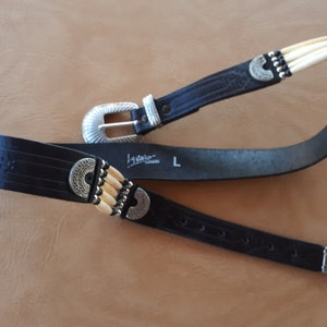 Vintage Northwest Coast Canada style signed Larko unisex black leather and stamped silver metal belt