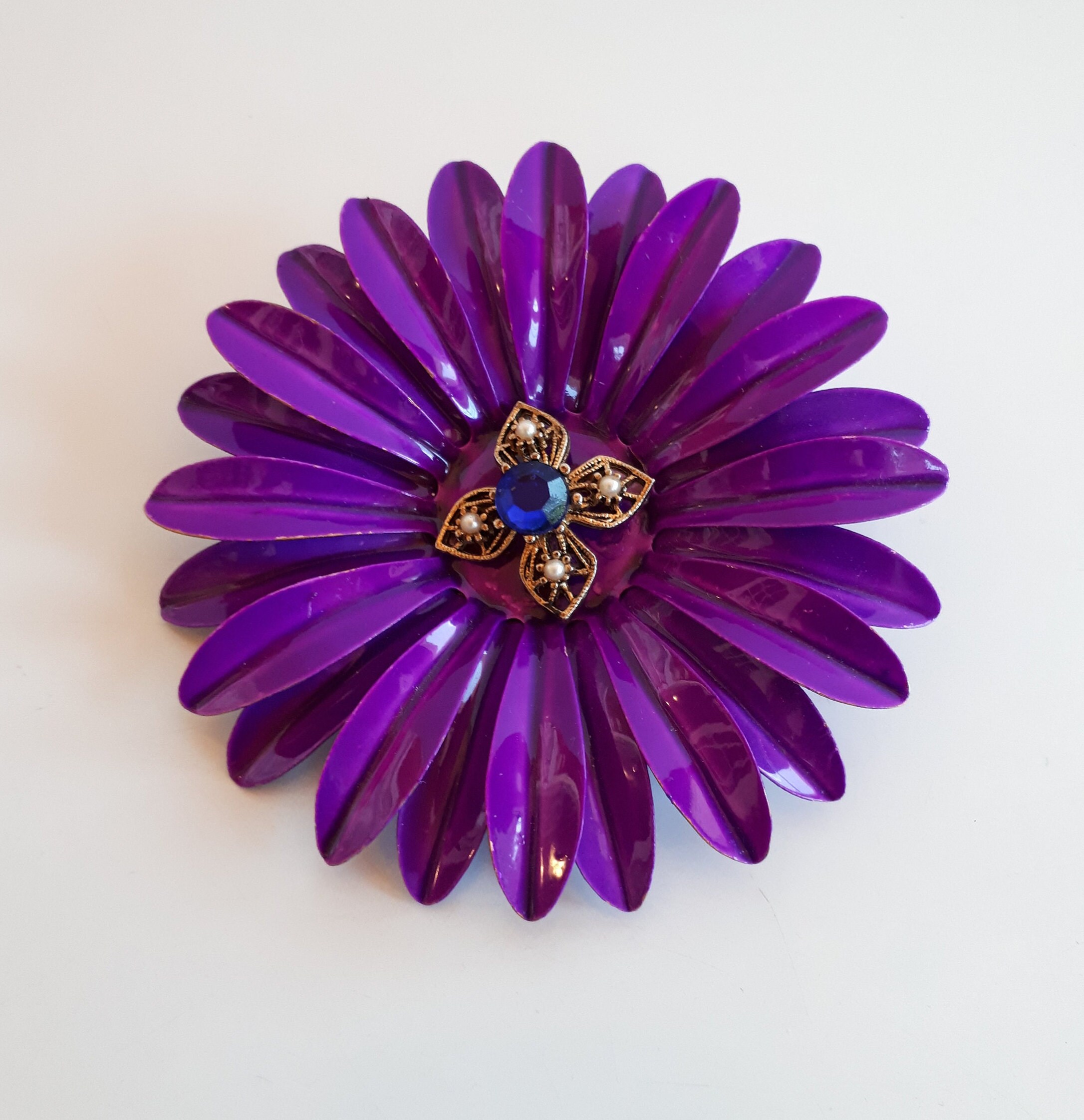Fabulous Huge Statement Vintage 60's 2 Lays Purple Enamel Flower