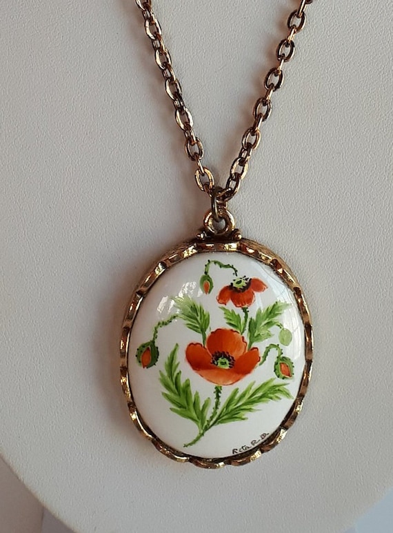 Vintage signed hand painted red poppies flowers gr