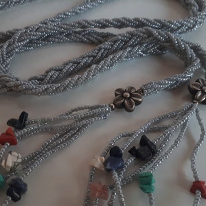Vintage BOHO woven gray glass seeds and gemstone chips turquoise coral quartz howlite belt or necklace with long fringes