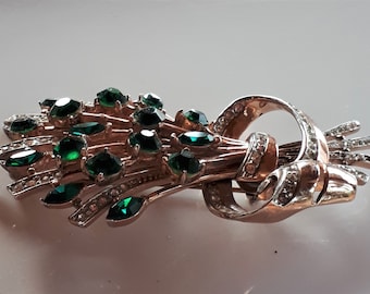 RUNWAY Vintage 40' CORO signed sterling silver 925 vermeil pave clear green rhinestone flower bouquet ribbon brooch pin 43.8 gr