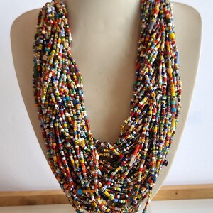 Statement massive vintage African multicolor micro glass seeds multi strand waterfall pectoral wedding necklace