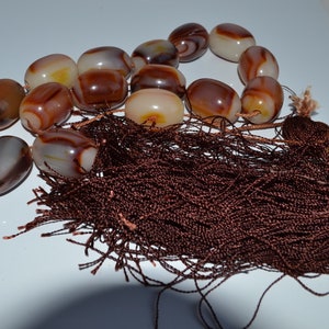 enormous vintage prayer worry beads komboloi African swirl cream brown resin necklace silk tassel 16 beads
